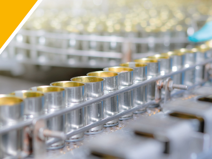 Automated production line of metal cans in industrial packaging facility